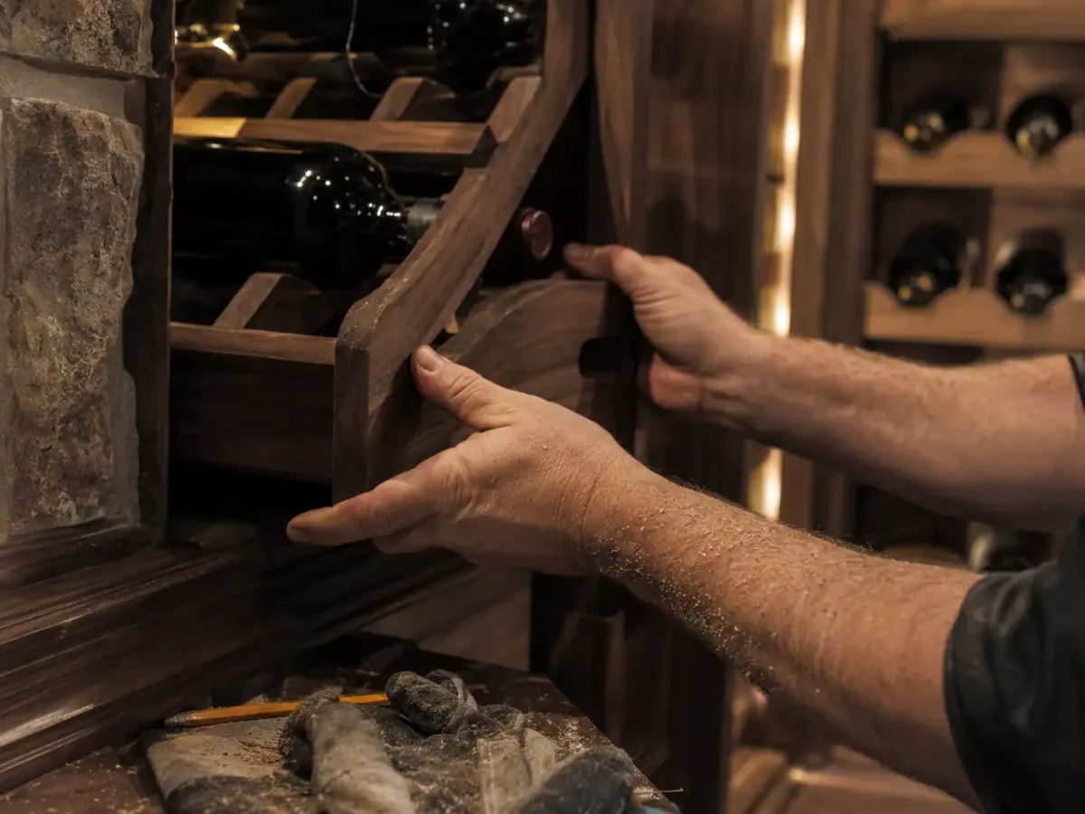 Cellar racking being fitted by hand in an Ann Arbor build
