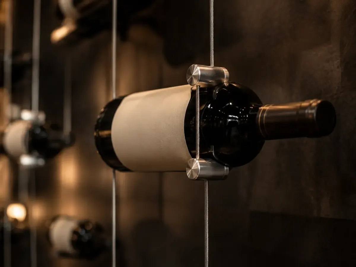 Bottle held on a tensioned cable in a modern cellar