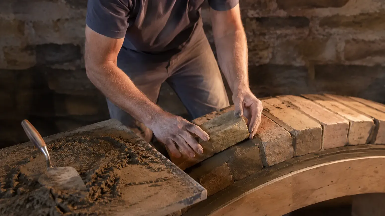 Mason laying brickwork in a cellar under construction